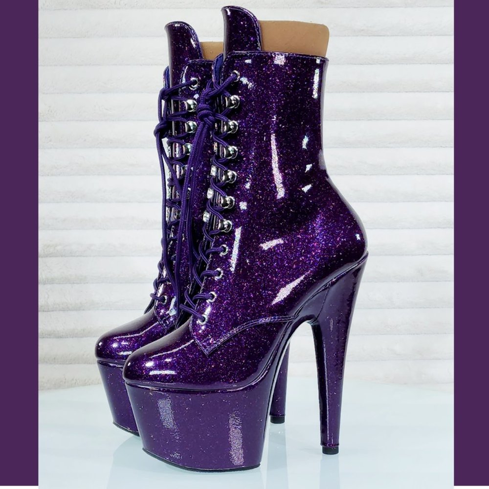 Dark Purple Glitter Patent 7" High Heel Platform Ankle Boots 1020gp